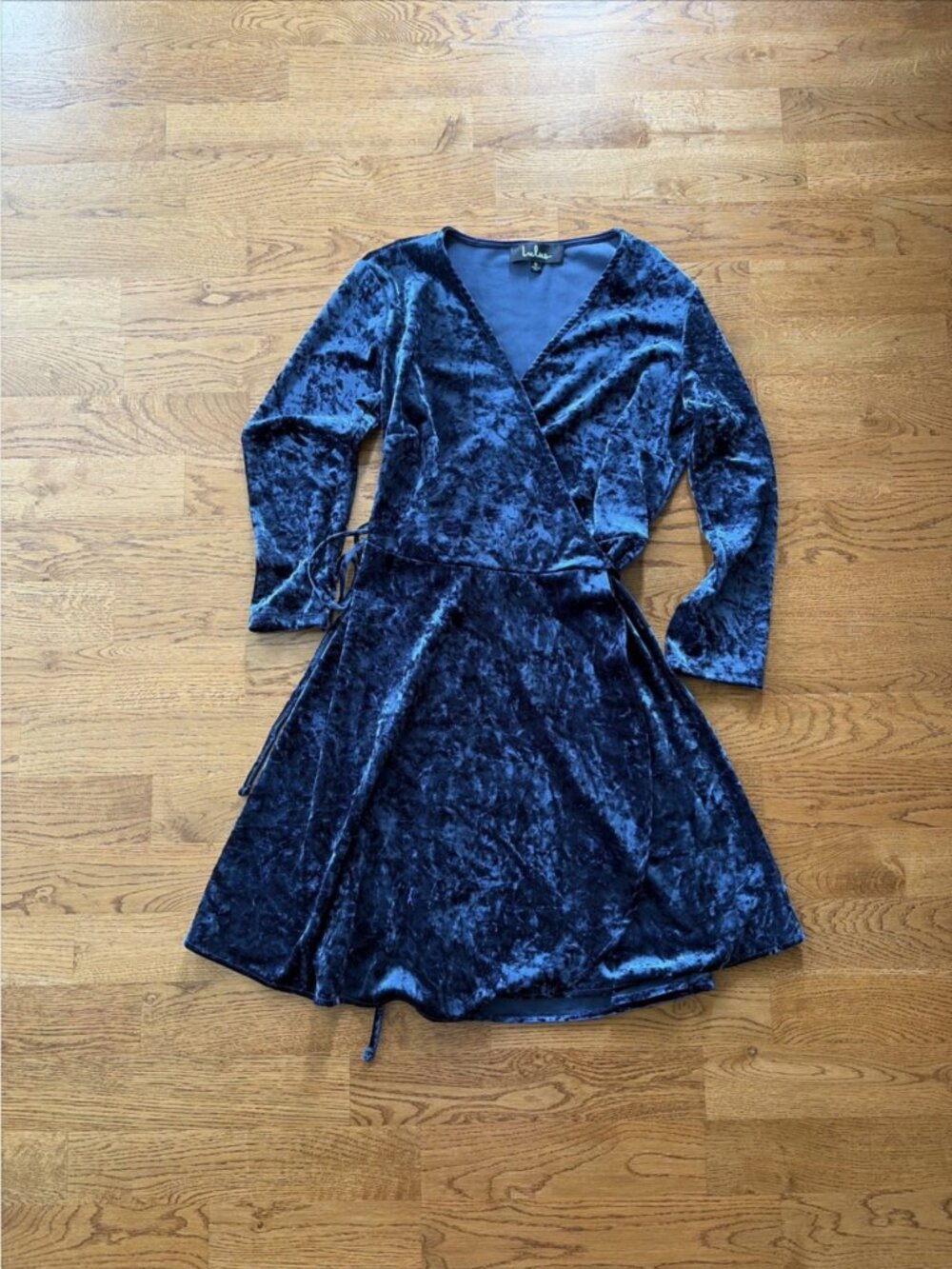 LULUS Shine of Your Life Navy Blue Crushed Velvet Wrap Mini Dress V Tie S 3/4
